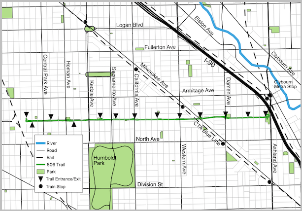 The 606 trail and noteworthy streets map