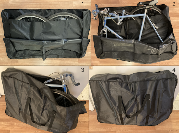 images showing the process of packing a road bike into a bike bag