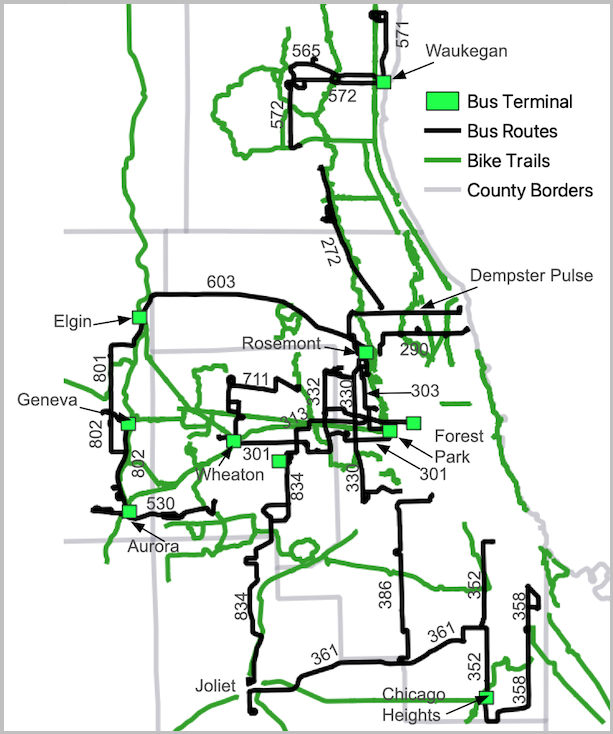 Pace Bus Routes Overlaid on Chicagoland Bike Trails Map