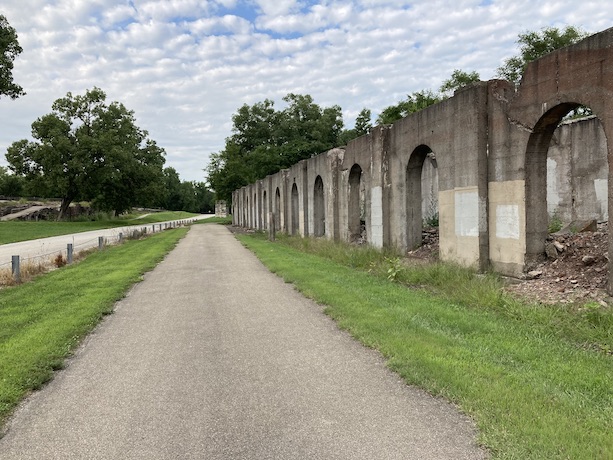 The trail through the Joliet Iron Works Historic Site (industrial ruins) near Joliet Prison