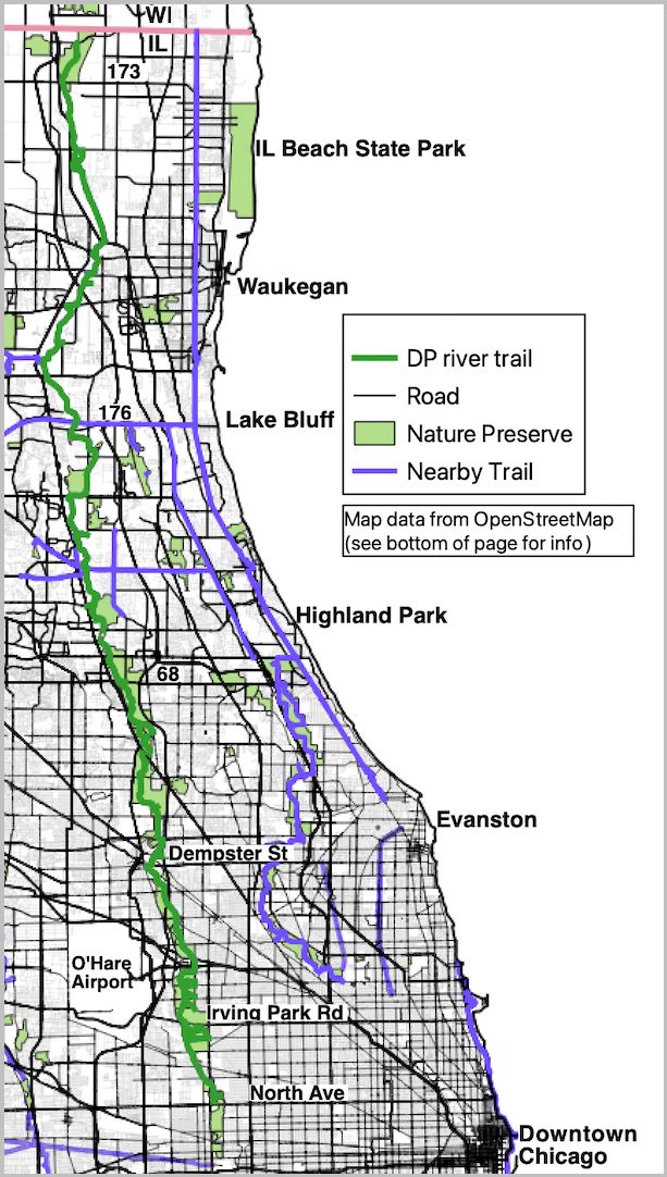 Des Plaines River Trail and noteworthy streets map