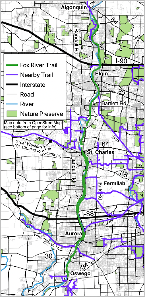 Des Plaines River Trail and noteworthy streets map