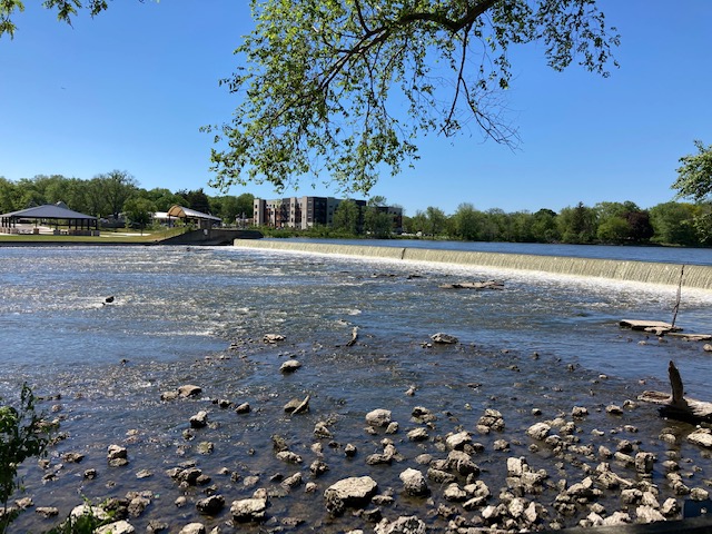 A dam on the Fox River next to the trail