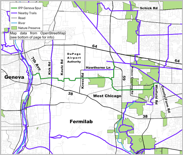 IL Prairie Path Geneva Spur and noteworthy streets map