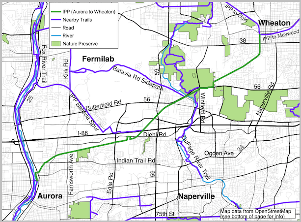 Illinois Prairie Path (Wheaton to Aurora) and noteworthy streets map