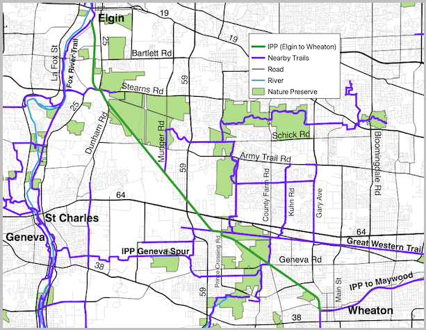 Illinois Prairie Path (Wheaton to Elgin) and noteworthy streets map