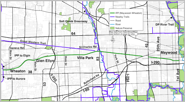 Illinois Prairie Path (Maywood to Wheaton) and noteworthy streets map