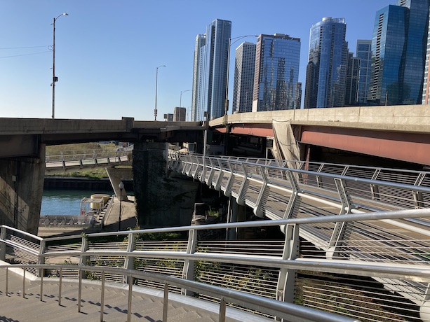 The trail threaded through Lake Shore Drive infrastructure near Navy Pier