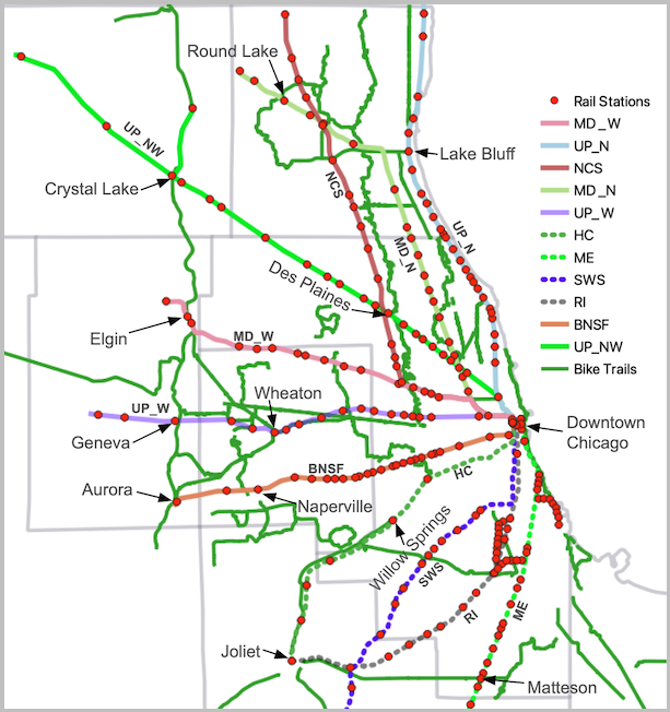 Metra Train Lines & Stations Overlaid on Chicagoland Bike Trails Map