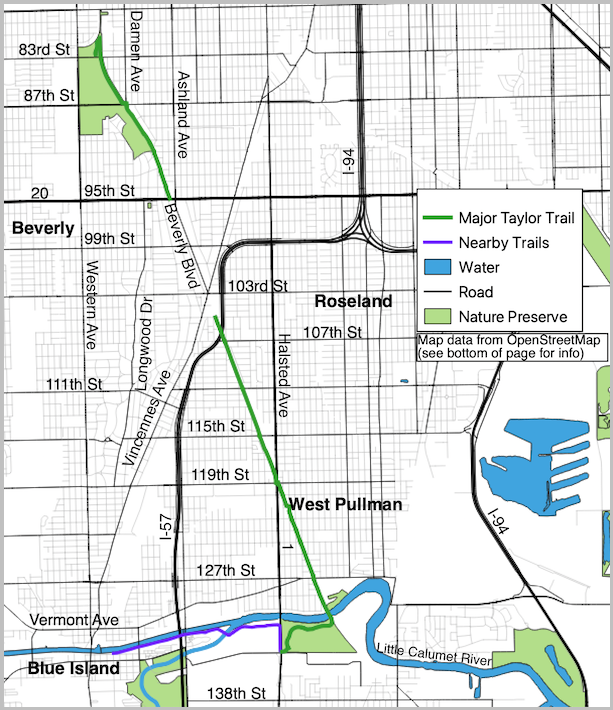 Major Taylor Trail and noteworthy streets map