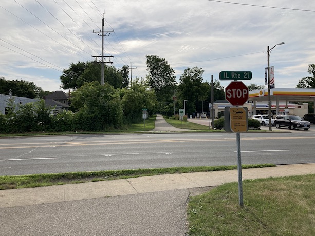 intersection of trail with street (must cross at traffic light)