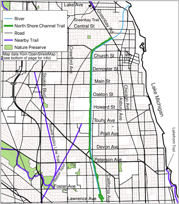 North Shore Channel Trail and noteworthy streets map