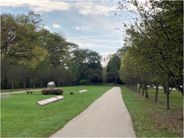 A portion of the North Shore Channel Trail with a globe sculpture