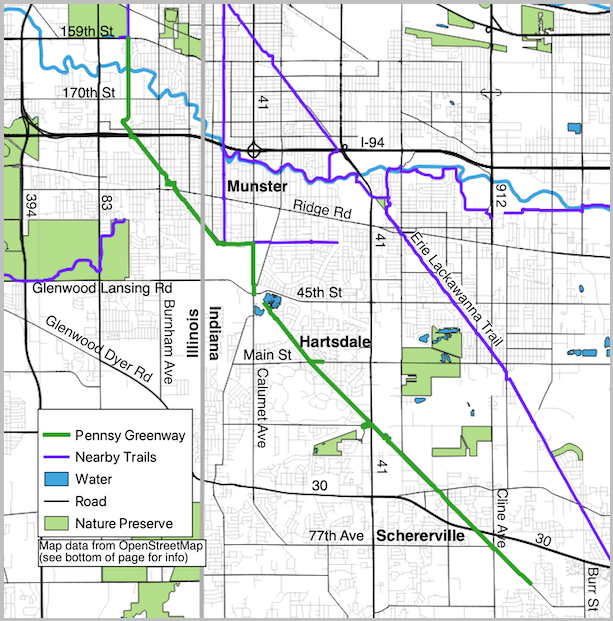 Pennsy Greenway and noteworthy streets map