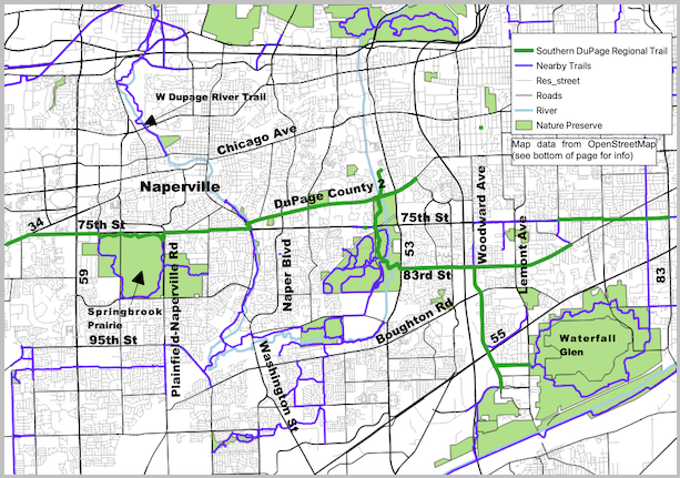 Southern DuPage County Regional Trail and noteworthy streets map