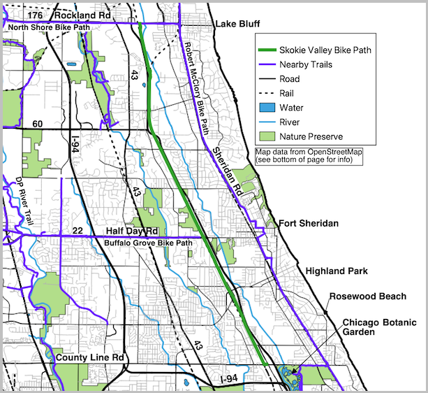 Skokie Valley Bike Path and noteworthy streets map