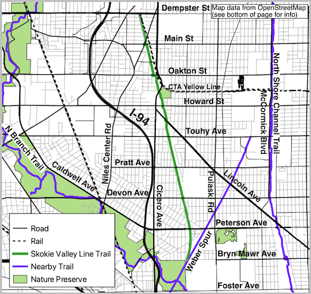 Skokie Valley Trail and noteworthy streets map