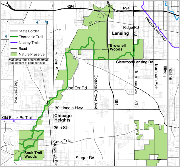 Thorn Creek Trail and noteworthy streets map