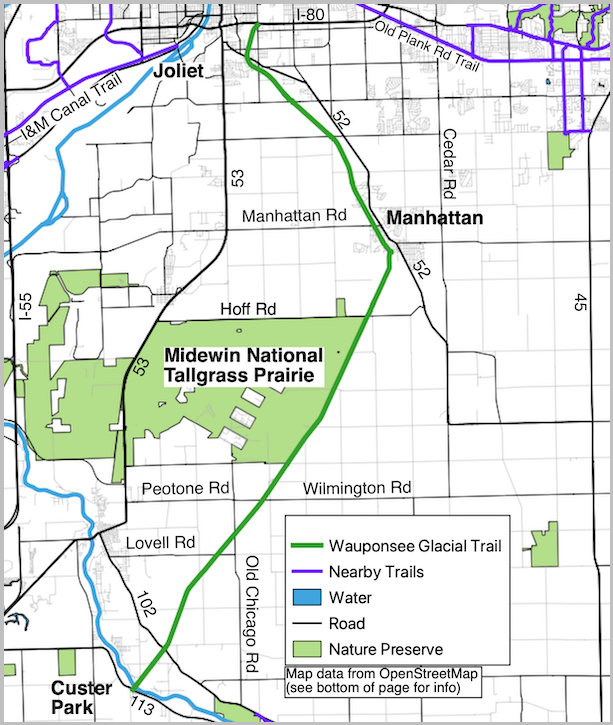 Wauponsee Glacial Trail and noteworthy streets map